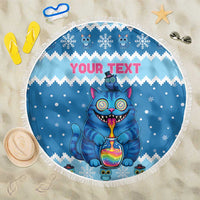 Personalized Trippy Catmas Beach Blanket Cute Blue Derpy Cat and Owl Companion - Wonder Print Shop