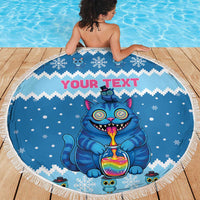 Personalized Trippy Catmas Beach Blanket Cute Blue Derpy Cat and Owl Companion - Wonder Print Shop