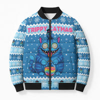 Personalized Trippy Catmas Bomber Puffer Jacket Cute Blue Derpy Cat and Owl Companion - Wonder Print Shop