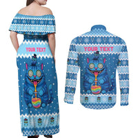 Personalized Trippy Catmas Couples Matching Off Shoulder Maxi Dress and Long Sleeve Button Shirt Cute Blue Derpy Cat and Owl Companion - Wonder Print Shop