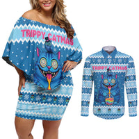 Personalized Trippy Catmas Couples Matching Off Shoulder Short Dress and Long Sleeve Button Shirt Cute Blue Derpy Cat and Owl Companion - Wonder Print Shop