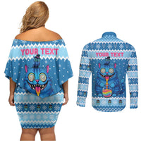 Personalized Trippy Catmas Couples Matching Off Shoulder Short Dress and Long Sleeve Button Shirt Cute Blue Derpy Cat and Owl Companion - Wonder Print Shop