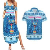 Personalized Trippy Catmas Couples Matching Summer Maxi Dress and Hawaiian Shirt Cute Blue Derpy Cat and Owl Companion - Wonder Print Shop