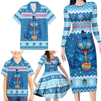 Personalized Trippy Catmas Family Matching Long Sleeve Bodycon Dress and Hawaiian Shirt Cute Blue Derpy Cat and Owl Companion - Wonder Print Shop