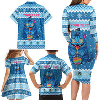 Personalized Trippy Catmas Family Matching Long Sleeve Bodycon Dress and Hawaiian Shirt Cute Blue Derpy Cat and Owl Companion - Wonder Print Shop