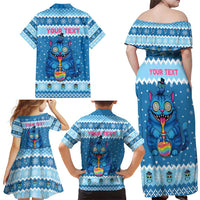 Personalized Trippy Catmas Family Matching Off Shoulder Maxi Dress and Hawaiian Shirt Cute Blue Derpy Cat and Owl Companion - Wonder Print Shop