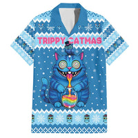 Personalized Trippy Catmas Family Matching Off Shoulder Maxi Dress and Hawaiian Shirt Cute Blue Derpy Cat and Owl Companion - Wonder Print Shop