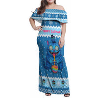 Personalized Trippy Catmas Family Matching Off Shoulder Maxi Dress and Hawaiian Shirt Cute Blue Derpy Cat and Owl Companion - Wonder Print Shop