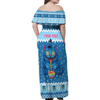 Personalized Trippy Catmas Family Matching Off Shoulder Maxi Dress and Hawaiian Shirt Cute Blue Derpy Cat and Owl Companion - Wonder Print Shop