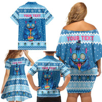 Personalized Trippy Catmas Family Matching Off Shoulder Short Dress and Hawaiian Shirt Cute Blue Derpy Cat and Owl Companion - Wonder Print Shop