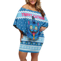 Personalized Trippy Catmas Family Matching Off Shoulder Short Dress and Hawaiian Shirt Cute Blue Derpy Cat and Owl Companion - Wonder Print Shop