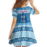 Personalized Trippy Catmas Family Matching Short Sleeve Bodycon Dress and Hawaiian Shirt Cute Blue Derpy Cat and Owl Companion - Wonder Print Shop