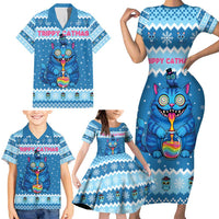 Personalized Trippy Catmas Family Matching Short Sleeve Bodycon Dress and Hawaiian Shirt Cute Blue Derpy Cat and Owl Companion - Wonder Print Shop