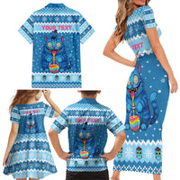 Personalized Trippy Catmas Family Matching Short Sleeve Bodycon Dress and Hawaiian Shirt Cute Blue Derpy Cat and Owl Companion - Wonder Print Shop