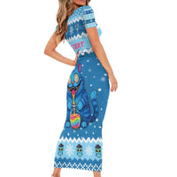 Personalized Trippy Catmas Family Matching Short Sleeve Bodycon Dress and Hawaiian Shirt Cute Blue Derpy Cat and Owl Companion - Wonder Print Shop