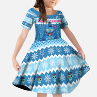 Personalized Trippy Catmas Family Matching Tank Maxi Dress and Hawaiian Shirt Cute Blue Derpy Cat and Owl Companion - Wonder Print Shop