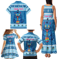 Personalized Trippy Catmas Family Matching Tank Maxi Dress and Hawaiian Shirt Cute Blue Derpy Cat and Owl Companion - Wonder Print Shop