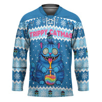 Personalized Trippy Catmas Hockey Jersey Cute Blue Derpy Cat and Owl Companion - Wonder Print Shop