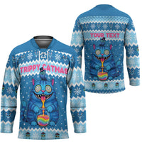 Personalized Trippy Catmas Hockey Jersey Cute Blue Derpy Cat and Owl Companion - Wonder Print Shop