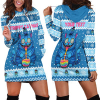 Personalized Trippy Catmas Hoodie Dress Cute Blue Derpy Cat and Owl Companion - Wonder Print Shop