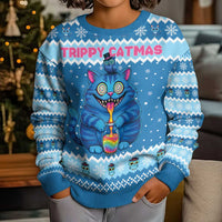 Personalized Trippy Catmas Kid Ugly Christmas Sweater Cute Blue Derpy Cat and Owl Companion - Wonder Print Shop