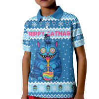 Personalized Trippy Catmas Kid Polo Shirt Cute Blue Derpy Cat and Owl Companion - Wonder Print Shop