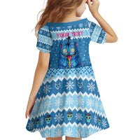 Personalized Trippy Catmas Kid Short Sleeve Dress Cute Blue Derpy Cat and Owl Companion - Wonder Print Shop