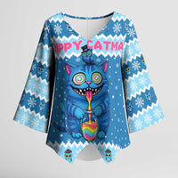 Personalized Trippy Catmas Kimono Sleeve Blouse Cute Blue Derpy Cat and Owl Companion - Wonder Print Shop