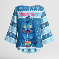 Personalized Trippy Catmas Kimono Sleeve Blouse Cute Blue Derpy Cat and Owl Companion - Wonder Print Shop