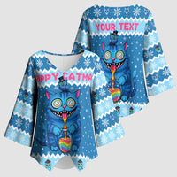 Personalized Trippy Catmas Kimono Sleeve Blouse Cute Blue Derpy Cat and Owl Companion - Wonder Print Shop