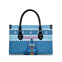 Personalized Trippy Catmas Leather Bag Cute Blue Derpy Cat and Owl Companion - Wonder Print Shop
