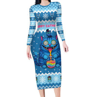 Personalized Trippy Catmas Long Sleeve Bodycon Dress Cute Blue Derpy Cat and Owl Companion - Wonder Print Shop