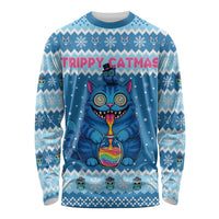 Personalized Trippy Catmas Long Sleeve Shirt Cute Blue Derpy Cat and Owl Companion - Wonder Print Shop