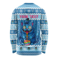 Personalized Trippy Catmas Long Sleeve Shirt Cute Blue Derpy Cat and Owl Companion - Wonder Print Shop