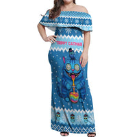 Personalized Trippy Catmas Off Shoulder Maxi Dress Cute Blue Derpy Cat and Owl Companion - Wonder Print Shop