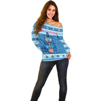 Personalized Trippy Catmas Off Shoulder Sweater Cute Blue Derpy Cat and Owl Companion - Wonder Print Shop