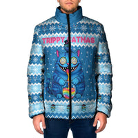 Personalized Trippy Catmas Padded Jacket Cute Blue Derpy Cat and Owl Companion - Wonder Print Shop