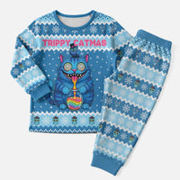 Personalized Trippy Catmas Christmas Pajama Set Cute Blue Derpy Cat and Owl Companion - Wonder Print Shop