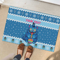 Personalized Trippy Catmas Rubber Doormat Cute Blue Derpy Cat and Owl Companion - Wonder Print Shop