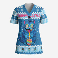 Personalized Trippy Catmas Scrub Top Cute Blue Derpy Cat and Owl Companion - Wonder Print Shop