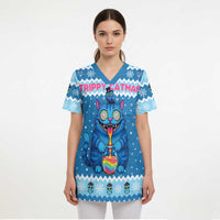 Personalized Trippy Catmas Scrub Top Cute Blue Derpy Cat and Owl Companion - Wonder Print Shop
