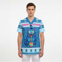 Personalized Trippy Catmas Scrub Top Cute Blue Derpy Cat and Owl Companion - Wonder Print Shop