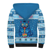 Personalized Trippy Catmas Sherpa Hoodie Cute Blue Derpy Cat and Owl Companion - Wonder Print Shop