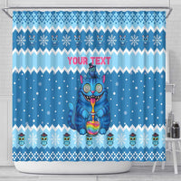 Personalized Trippy Catmas Shower Curtain Cute Blue Derpy Cat and Owl Companion - Wonder Print Shop