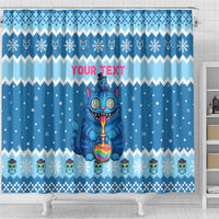 Personalized Trippy Catmas Shower Curtain Cute Blue Derpy Cat and Owl Companion - Wonder Print Shop