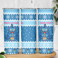 Personalized Trippy Catmas Skinny Tumbler Cute Blue Derpy Cat and Owl Companion - Wonder Print Shop