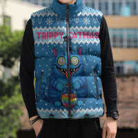 Personalized Trippy Catmas Sleeveless Puffer Jacket Cute Blue Derpy Cat and Owl Companion - Wonder Print Shop