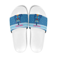 Personalized Trippy Catmas Slide Sandals Cute Blue Derpy Cat and Owl Companion - Wonder Print Shop