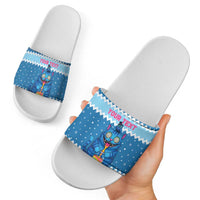 Personalized Trippy Catmas Slide Sandals Cute Blue Derpy Cat and Owl Companion - Wonder Print Shop