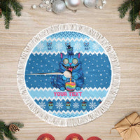 Personalized Trippy Catmas Tree Skirt Cute Blue Derpy Cat and Owl Companion - Wonder Print Shop
